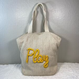 "PLAY" Burlap Tote Lined Women's Natural Sz OS Playful Beachy Seaside Coastal